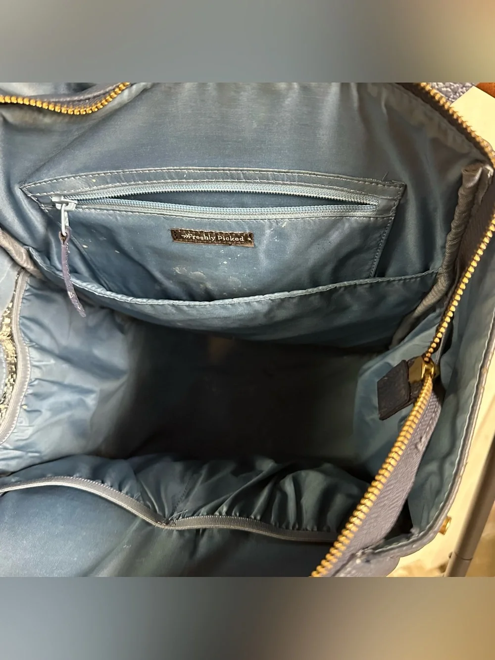 Freshly Picked Navy Leather Diaper Backpack with Gold Hardware